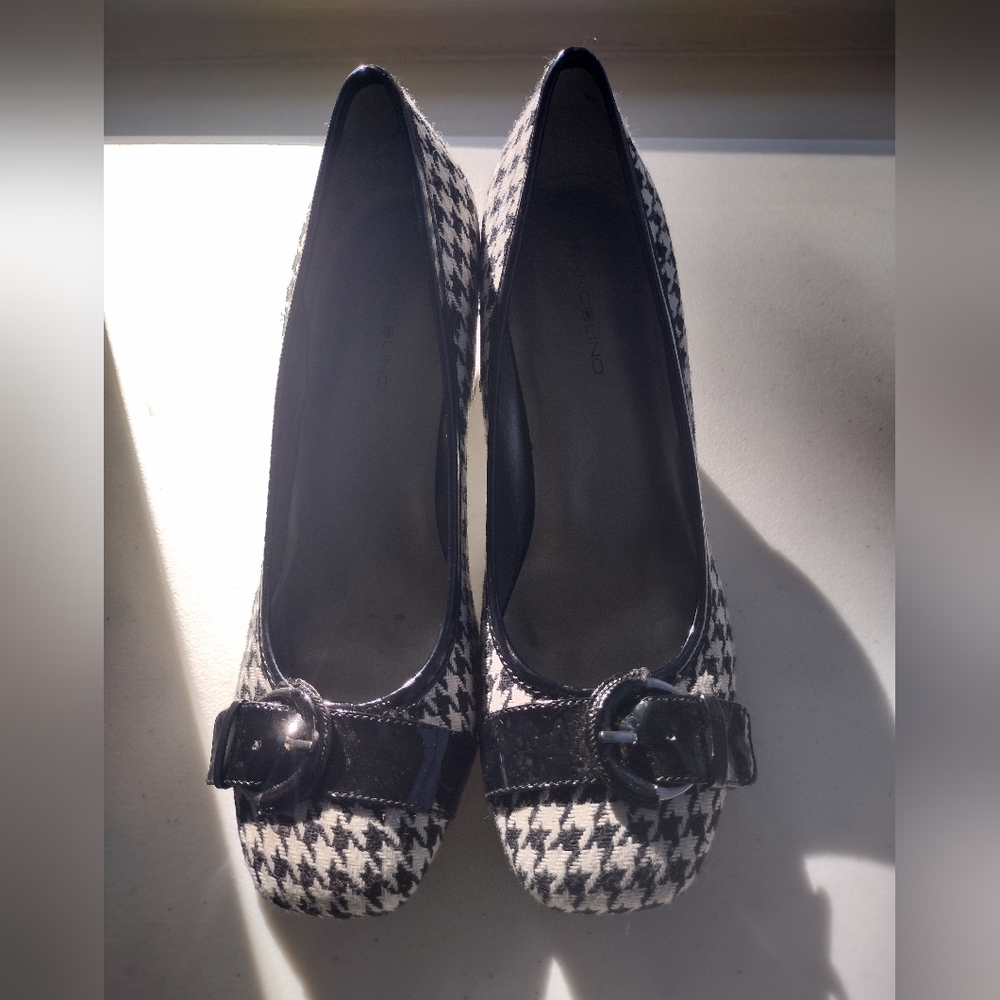Shoes With Black Wooden Heel, The Rest Of Shoe Is Covered in Houndstooth Fabric